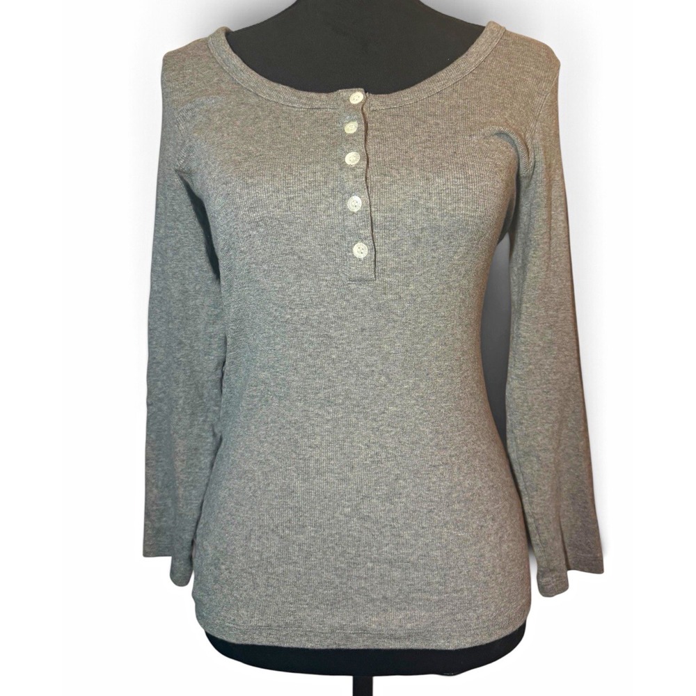 AYR Womens L Gray Ribbed Long Sleeve Henley 5 Button Scoop Neck Fitted Top